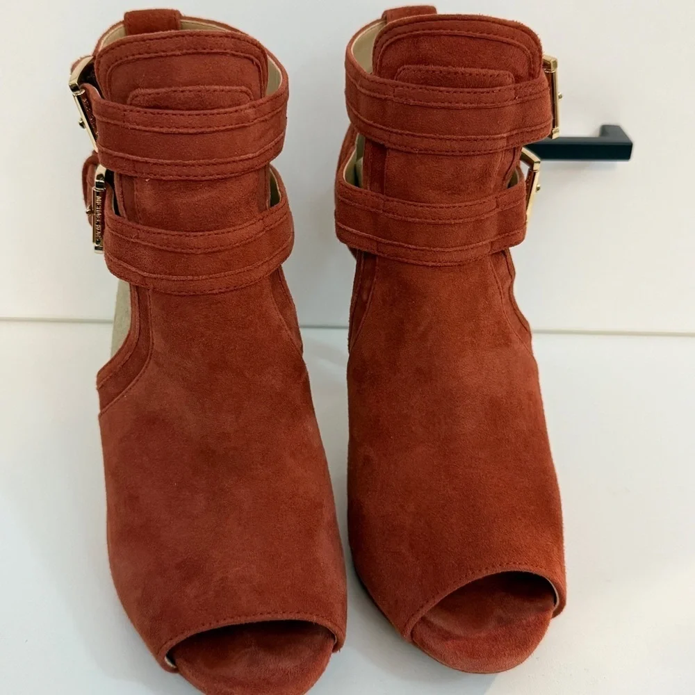 Michael Kors Burnt Orange Suede Cutout Peep-Toe Ankle Booties with Buckles